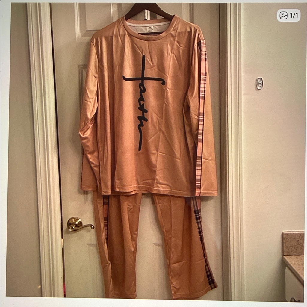 Women's Tan Pajama Set With Plaid Detail